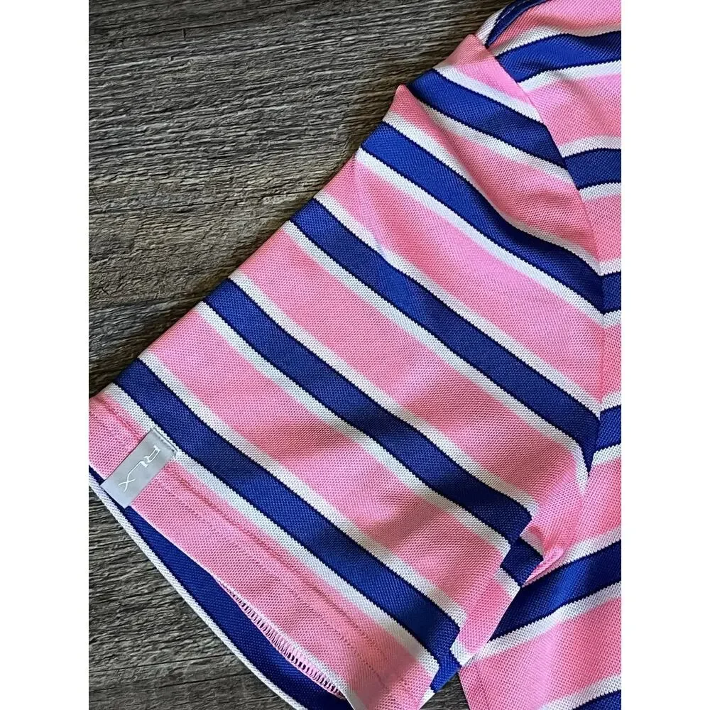RLX Ralph Lauren Golf Polo Men L Pink Blue Wht Stripe Bear Mountain Performance